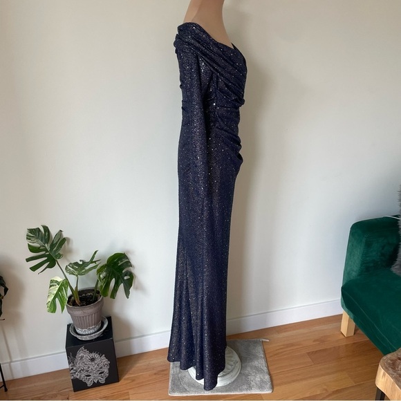 Talbot Runhof Mermaid Royal Navy Glitter Sequin Off The Shoulder Metallic Gown 8 - Picture 6 of 12